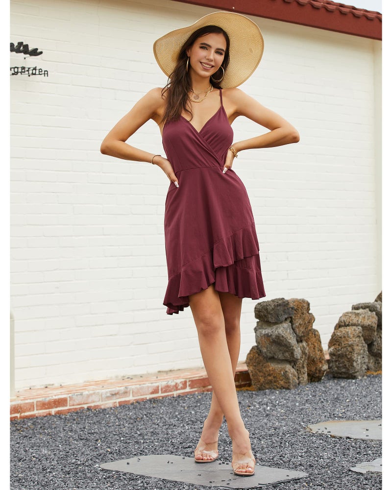 ULTRANICE Summer Red Dress Womens Spring Trendy Casual Wrap Flowy V Neck Adjustable Spaghetti Outfits Clothes Wedding Guest Semi Formal Dresses Graduation Party Midi Sundresse(Red,L) - Image 3